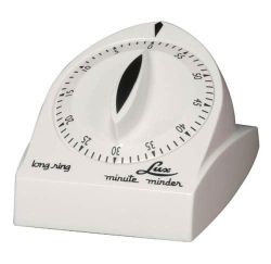 Timers / Clocks * 60 minute wind up timer * 10-15 second long ring * Timer can be set to varying amounts of time between 1 and 60 minutes * White plastic housing with black numbers *