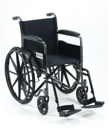 Wheelchairs - Standa FIXED ARM * Swing-away Footrests
* Powder coated silver vein steel frame
* Padded armrests
* Nylon upholstery is durable, lightweight, attractive and easy to clean
* Urethane tires mounted on composite wheel provides
durability and low maintenance
* Comes with push to lock brakes
* Carry pocket on backrest provides additional convenience
* Plastic footplates
* Overall width: 26