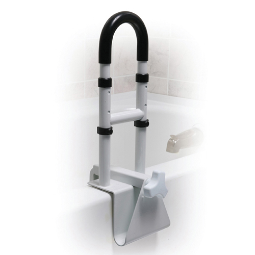 Grab Bars Black handle and some black trim over white powder-coated steel construction * Attractive and easy-to-clean * Height adjusts: 14