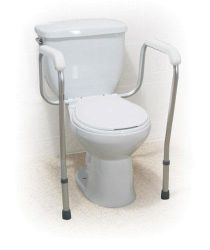 Toilet Guard Rails Non-retail box * Lightweight anodized aluminum frame offers safe assistance * Waterfall armrests provide added patient comfort * Nylon coated steel bracket attaches unit to toilet * Legs adjust to accommodate all toilet styles * Width between arms 18