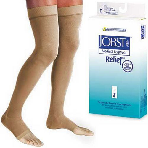 Jobst Relief 20-30 T Jobst Relief 20-30 mmHg Open Toe Thigh High Compression Stockings with Silicone Border; gradient compression therapy at a price you can afford! *Open Toe Design *3-D knit structure using air covered spandex yarn that is soft to touch and comfortable for all day wear *Reinforced heel, designed for long lasting durability *Relief is an economical, unisex stocking appropriate for use by both men and women *Medium *Open Toe available in Beige Only *Silicone Dot Band to help keep the garment in place all day long *70% Nylon , 23% Spandex, 7% Silicone, Latex Free *20-30 mmHg (CCL 1) Firm Gradient Compression Indication Guide: *Moderate to severe varicose veins *Moderate leg & ankle swelling *Relief from moderate edema / lymphedema *Varicose veins during pregnancy *Leg swelling following surgery *Following sclerotherapy *Orthostatic hypotension *Postural hypotension *Helps Prevent DVT (Deep Vein Thrombosis) *HCPCS Code / CPT Code: A6533