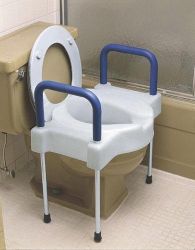 Raised Toilet Seat 600 Lb. Capacity * Features a steel frame * Features contoured, soft foam arm rests designed to assist the user in sitting down or rising from the seat * Ideal for people who need extra
assistance because of significant lower extremity weakness or poor balance * Legs are height-adjustable * Adds 4? (10 cm) to the bowl height and eliminates the need for a commode or added toilet seat frame * Width is 22 1/2? (57 cm) * Fits both standard and elongated toilet seats