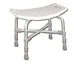 Bath& Shower Chair/Accessories Without Back * Extra strength aluminum will accomodate individuals up to 500 Lbs. * Cross brace attached with aircraft-type rivets * Blow-molded bench and back provide comfort and strength * Drainage holes in seat reduce slipping * Adjustable height legs * Aluminum Frame is lightweight, durable and corrosion proof * Height: 16 1/2