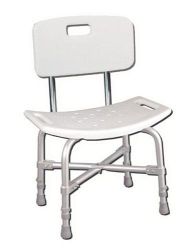 Bath& Shower Chair/Accessories With back * Extra strength aluminum will accomodate individuals up to 500 Lbs. * Cross brace attached with aircraft-type rivets * Blow-molded bench and back provide comfort and strength * Drainage holes in seat reduce slipping * Adjustable height legs * Aluminum Frame is lightweight, durable and corrosion proof * Height: 16 1/2