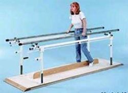 Parallel Bars Hand crank height adjustment of each stainless steel handrail 26 to 39 * Wood platform covered with non-slip textured styrene in cream finish * Tapered hardwood ends for easy access * Hand controls allow easy adjustment of width from 16 1/2 to 24 1/2 * Ruled height and width adjustments * #1366 15? long has (6) uprights * Includes removable Abduction Board * 400 lb. Weight Capacity The maximum patient weight that this product can lift or weight amount it can accommodate *