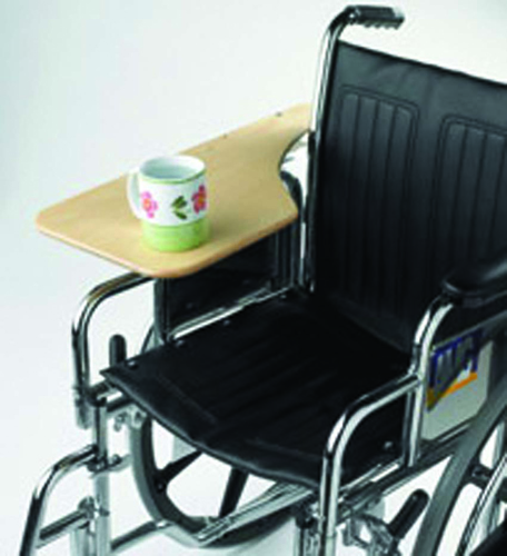 Wheelchair - Accesso For Desk Arm * This unique design provides arm support and a work surface when required * It attaches to the chair with a metal bracket under the arm padding * The tray flips over the arm and lies flush, leaving the wheel free for pushing * Doesn?t increase the overall width of the chair * The wood tray can be used either right or left side *