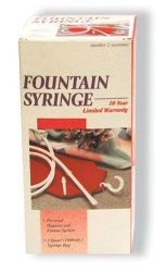 Fountain Syringes Fountain Syringe * Fountain syringe comes with two free-flow pipes; an Enema Pipe and a Vaginal Pipe * Also included are a Hook, Tubing and Shut-Off Clamp * Syringe Bag holds 2 liters * 2 year manufacturers warranty * Excellent packaging *