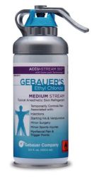 Topical Skin Coolant Medium jet spray * 3.5 oz Can * Federal law prohibits dispensing without a prescription * A vapocoolant intended for topical
application to control pain associated with minor surgical procedures, contusions or athletic injuries, treatment of myofascial pain, restricted motion and muscle spasm * Effective for pre-injection anesthesia *