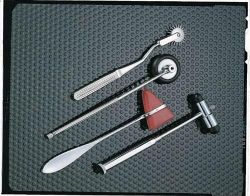 Nerve/ Sensory Evalu NON- RETAIL PACKAGING * Babinski Hammer * Octagonal stainless steel handle with concealed needle * Rubber head may be used in both the horizontal or vertical positions * Overall length 8.5