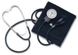 Aneroid Blood Pressure STETHOSCOPE SEWN INTO CUFF * With Adult Cuff (Mfg # 104) * Popular self-taking model features the exclusive Astro-Cuff D-ring cuff inflation system for easy, one hand application * Professional quality stethoscope sewn into cuff * Features a no stop pin 300 mmHg aneroid gauge with easy-to-read scale * Latex inflation bulb with pressure release valve designed for manual inflation and controlled deflation of cuff *