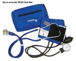 Comb. BP/Steth Sets Dark Blue * Aneroid sphygmomanometer with matching nylon color cuff and sprague rappaport-style stethoscope * Complete with matching color oversize zippered carry case * Shipping Carton Size: 12