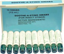 Insect Sting Swabs & Wipes BX/10 * Gives relief from insect stings and bites * Active ingredients: Benzocaine 20% and L-Menthol 1% * For external use only *