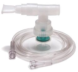 Disposable Nebulizer Nebulizer mouthpiece, universal T, 7 foot kink-resistant tubing * Anti-spill T design * Leak-proof and secure seal with simple 1/4 turn assembly design * Very low dead volume (07cc) * High medication bowl capacity (13cc) * Graduated volume (cc) markings on bowl * Nebulizes in upright positions or angles up to 45 degrees * Latex Free *