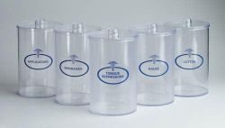 Sundry Jars & Dispen Labeled Set/5 * Set of 5 labeled as: Cotton, Gauze, Tongue Depressors, Applicators and Bandages * The plastic jars are 6 1/2