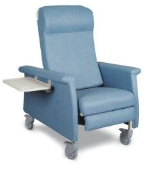 Geriatric Chairs Features smooth seamless upholstery that does not collect fluids and is easily cleaned Infinitely adjustable back * The leg rest extends automatically and three positions can be attained by the user * The non-porous blow molded fold down side tray with cup recess can be factory-mounted on either side * Each chair in the CareCliner Series features a standard Trendelenberg release with handle accessible from either side * It also has a built-in ergonomic headrest, adjustable elastic bands on the back frame that provide exceptional comfort and an elastic open seat base * All of these features combine to create the ultimate in comfort, durability and value * Weight capacity: 275 Lbs * Seat: 21