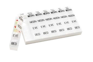 Pill Aids Days of week on tray and day planners * Raised lettering & highlighted Braille * 28 color-coded compartments * White base with translucent clear inserts * 9 5/16