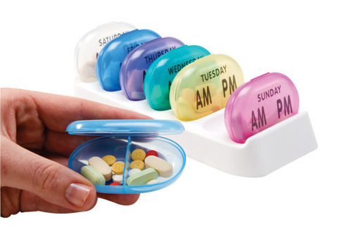 Pill Aids Daily AM/PM pill boxes * Daily or weekly medication planning * Seven daily pill boxes, each has two compartments with snap close lids * White base with assorted inserts available in translucent clear, blue, light blue, berry, purple, green, or yellow color *