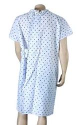 Reusable Patient Exam Gowns * This heavy weight 4+ ounce per square yard twill washable hospital gown is blended 55% cotton and 45% polyester
* Features roomy sleeves, print design, and an overlap back for modesty
* Tie closure
* One size fits most