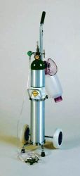Oxygen Tanks Contains one empty E tank (682 aluminum) cylinder, one fixed flow 6 LPM regulator, manual resuscitator, mask and tube on a chrome plated cylinder cart *