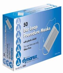 Masks Pleated Mask w/Earloops, Bx/50 * Blue pleated earloop procedure masks with glass-free filter *Also available with optically clear plastic wraparound face shield which provides protection for the face and eyes against pathogens contained in body fluids * Latex free *