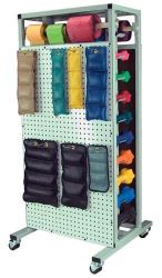 Cuff Weights Racks Features pegboard on one or two sides (mirror) * 12 / 24 hooks included * Two built-in dumbbell racks (holds 16 / 20 weights) * 500 Lb capacity with heavy duty casters *