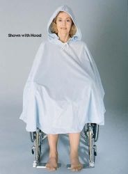 Rain Poncho Long Back without hood * The perfect cover for modesty and warmth when transferring residents to and from the shower or hydrotherapy * Also recommended for use when washing or styling residents hair * Color: Light Blue * Durable and completely launderable * 1-side Polyester; other Flannelette