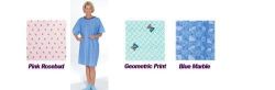 Reusable Patient Exam Gowns Blue Marble Print * Traditional hospital style * Tie tapes in back and centered back * The traditional favorite when tie tapes in back are preferred * One size fits all * 65/35 polycotton blend * Available in attractive colors and prints in 50/50 cotton/poly broadcloth for both men and women * One gown per package * Gown length is approximately 38
