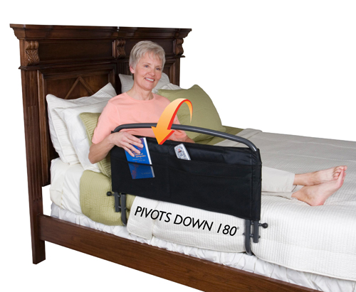 Bed Rails & Fall Protectors With Pouch * Bed rail prevents rolling or falling out of bed, providing safety and security for user * Rail folds down to side of bed to allow user to get out of bed or provide space for making bed * Can be placed on either side of the bed * Dual Safety strap secures bed rail to bed frame * Attaches to any home or hospital bed with included safety strap * Weight capacity is 300 lbs * Installs in minutes with 4 bolts and Allen wrench (Included) 30