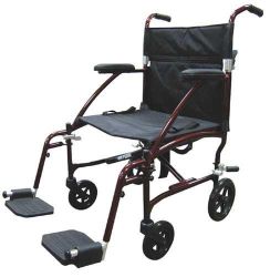 Wheelchair - Transpo Burgundy Frame & Black Plaid Upholstery
* Aluminum frame is lightweight and strong
* Comes with carry pocket on back rest.
* Comes with seat belt for added safety
* Attractive plaid style nylon upholstery
* Tool free, height adjustable swing-away footrests come standard
* 8