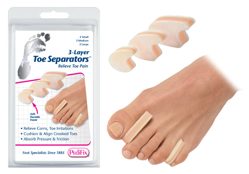 Toe Spreader & Separators * Seperate crooked, overlapping and toes that rub to relieve between-toe corns, blisters, pinching and cramping
* Soft cushions soothe and prevent irritations by absorbing pressure with their durable, three-layer foam design