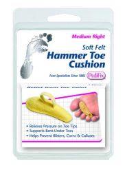 Hammer Toe Regulator RIGHT * Medium * Men's 6-8 Women's 8-10 * Soft, felt-covered pad supports bent-under hammer, claw, mallet and arthritic toes
* Relieves pressure on toe tips to help prevent corns, calluses and blisters
* Makes walking easier
* Eases forefoot pain, too
* Adjustable toe loop holds cushion securely in place