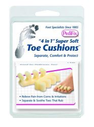 Toe Caps/Protectors/Cushions * These extra-soft foam cushions divide toes to absorb pressure and friction while comforting corns and other toe irritations
* Help protect toe tops & tips, support bent-under ?hammer? toes and more
* Wear on top or under, between 2, 3, or all toes
* Great for pedicures, too
* Scissor-trimmable for a custom fit
* One size fits most