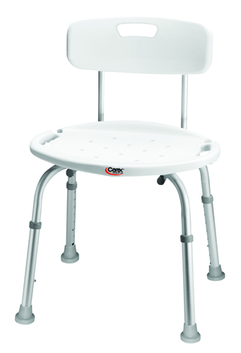 Bath& Shower Chair/Accessories The adjustable bath & shower seat with back features a comfortable seating surface and easy grip handles * The Adjustable Bath & Shower Seat With Back can be used in a shower stall or bathtub * The seat is constructed of durable plastic with easy-to-grip handles and a notch to hold a hand-held shower spray * The aluminum legs are flared to help prevent tipping and the slip resistant rubber tips provide added stability * Comfortable contoured seat and backrest * Convenient easy-to-grip handles and notch to hold hand-held shower spray * Flared aluminum legs prevent tipping * Tool Free Assembly * Height Adjustable * Weight Capacity: 300 * Product Weight: 5.46 lbs * Product Dims (h x w x d): 13.5