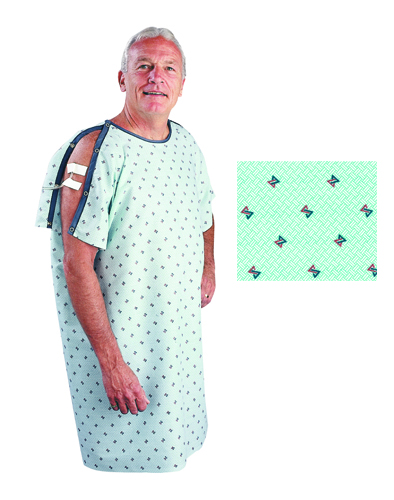 Reusable Patient Exam Gowns Geometric Feature of snap closures on shoulders and sleeves which allows for easy accessibility when nursing care is needed * Easy care 50/50 poly/cotton fabric * One gown per package * One size fits all *