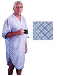 Reusable Patient Exam Gowns Large - X-Large * 50/50 poly/cotton * V-neck styling with the comfortable look of shirttails * Wraparound design, short sleeves * One gown per package * Blue plaid *